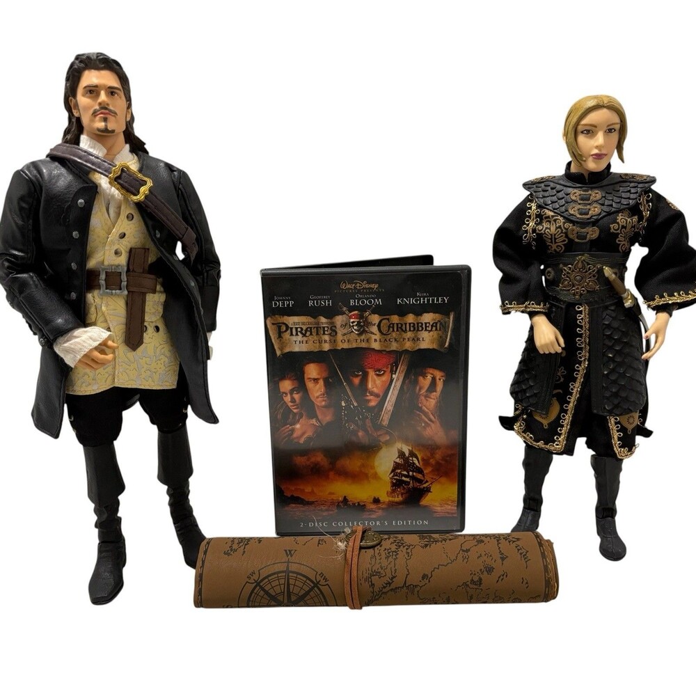 Pirates Of The Caribbean Bundle Will Turner & Elizabeth Swann Figures DVD & Map